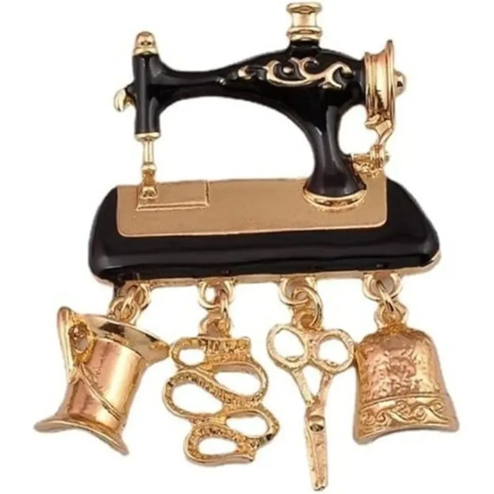 Vintage Sewing Machine Brooch Zinc Alloy Jewelry Pin 1.5-inch Gold Black Gift